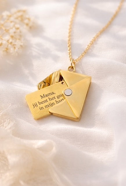 Gouden ketting envelop Mama – met tekst.