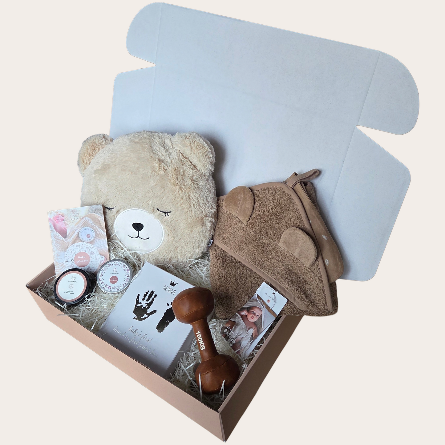 Kleine Krachtpatser – Luxe Baby Cadeaubox met Badcape & Berenkussen