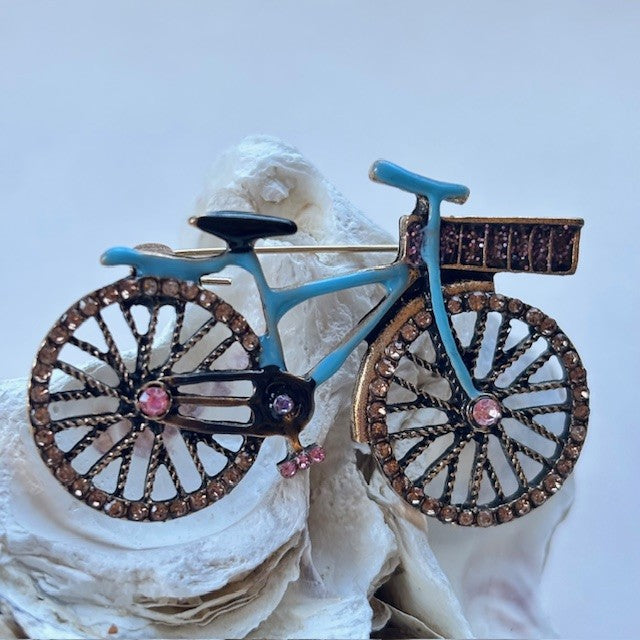 Broche: Fiets – Bronskleurig met Roze Strass Steentjes