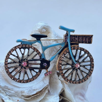 Broche: Fiets – Bronskleurig met Roze Strass Steentjes