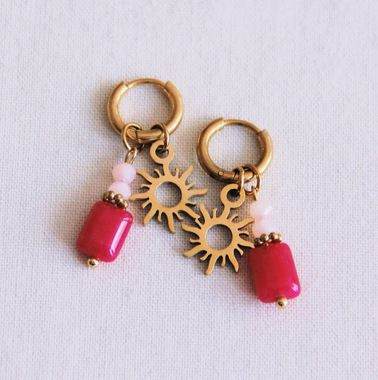 RVS creolen met rechthoekige edelsteen en zon - fuchsia