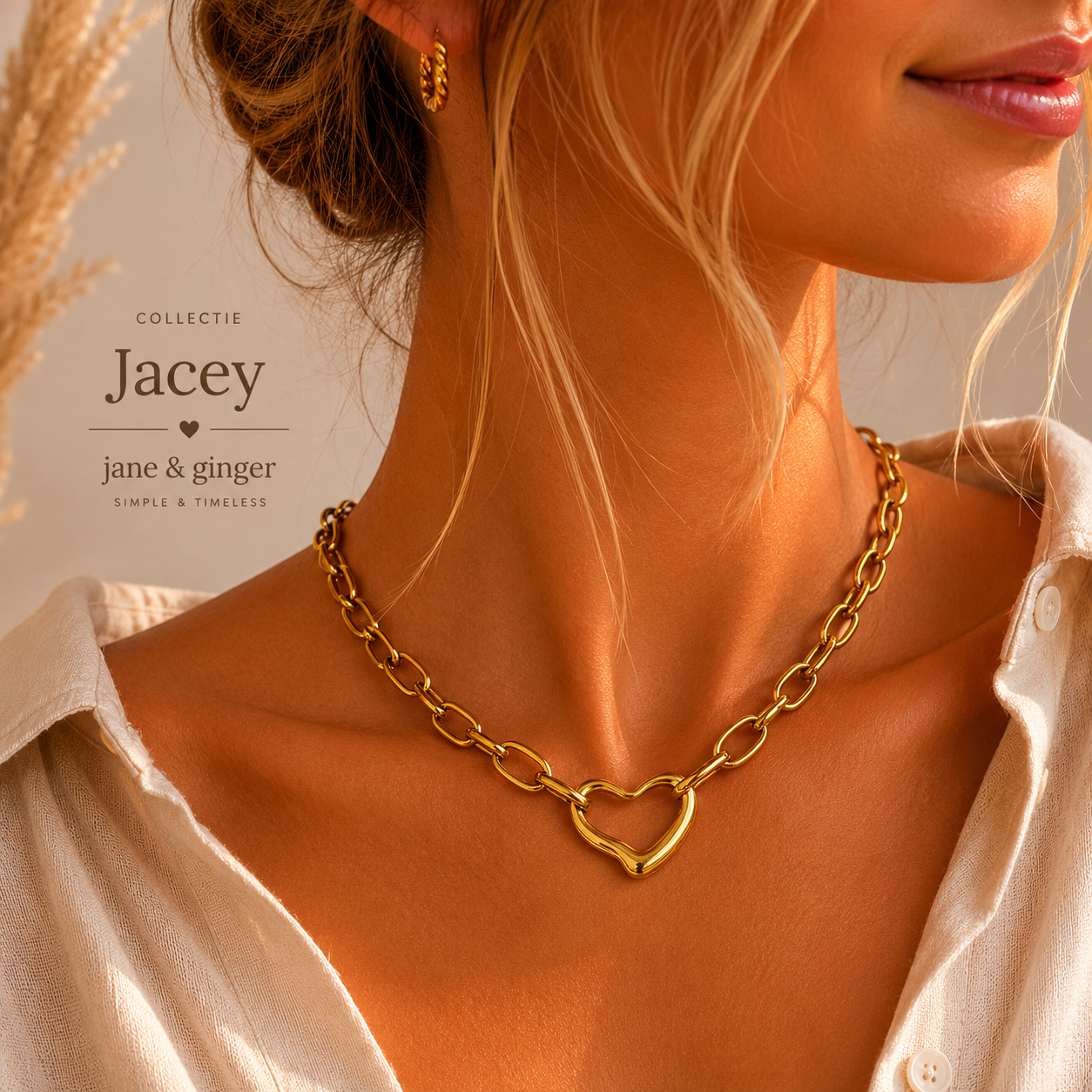 Ketting: RVS schakelketting Jacey met open hart: goud
