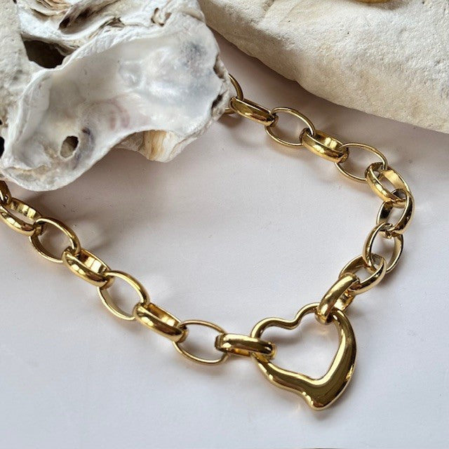 Ketting: RVS schakelketting Jacey met open hart: goud