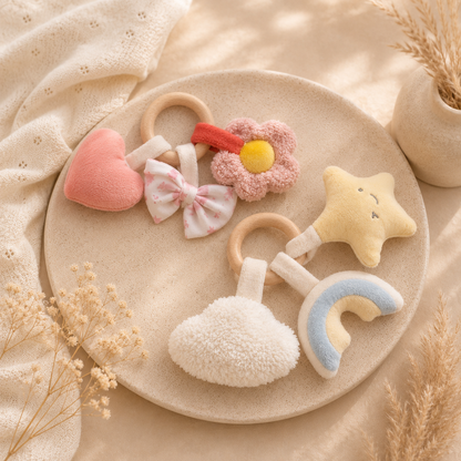 Baby Rammelaar Pluche met Houten Ring | Roze & Lichtblauw