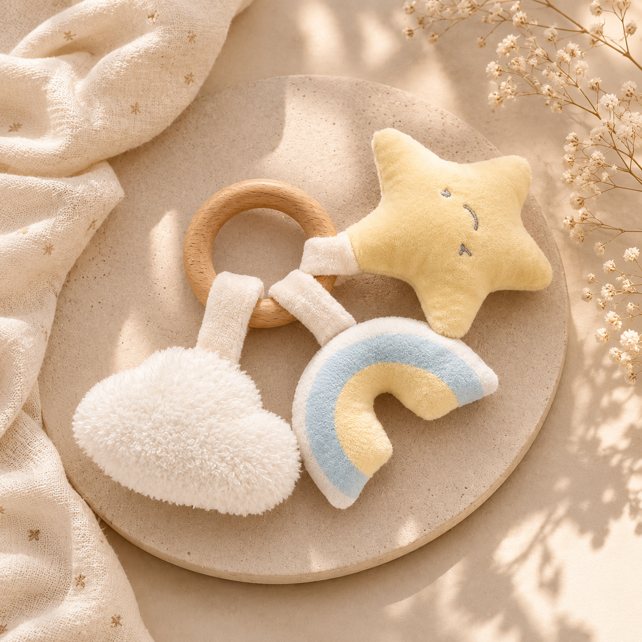 Baby Rammelaar Pluche met Houten Ring | Roze & Lichtblauw