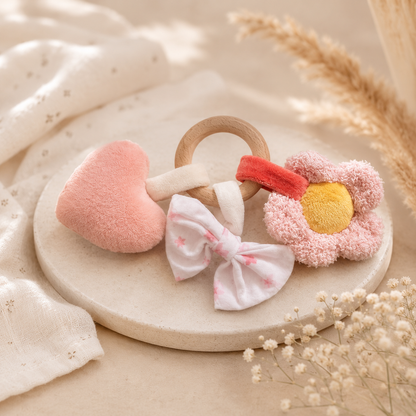 Baby Rammelaar Pluche met Houten Ring | Roze & Lichtblauw